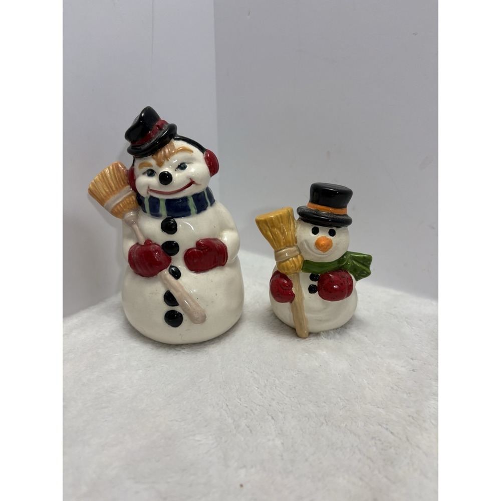 Ceramic Snowman Christmas Figurine Smiling Face 1983 Vintage With Mini Snowman